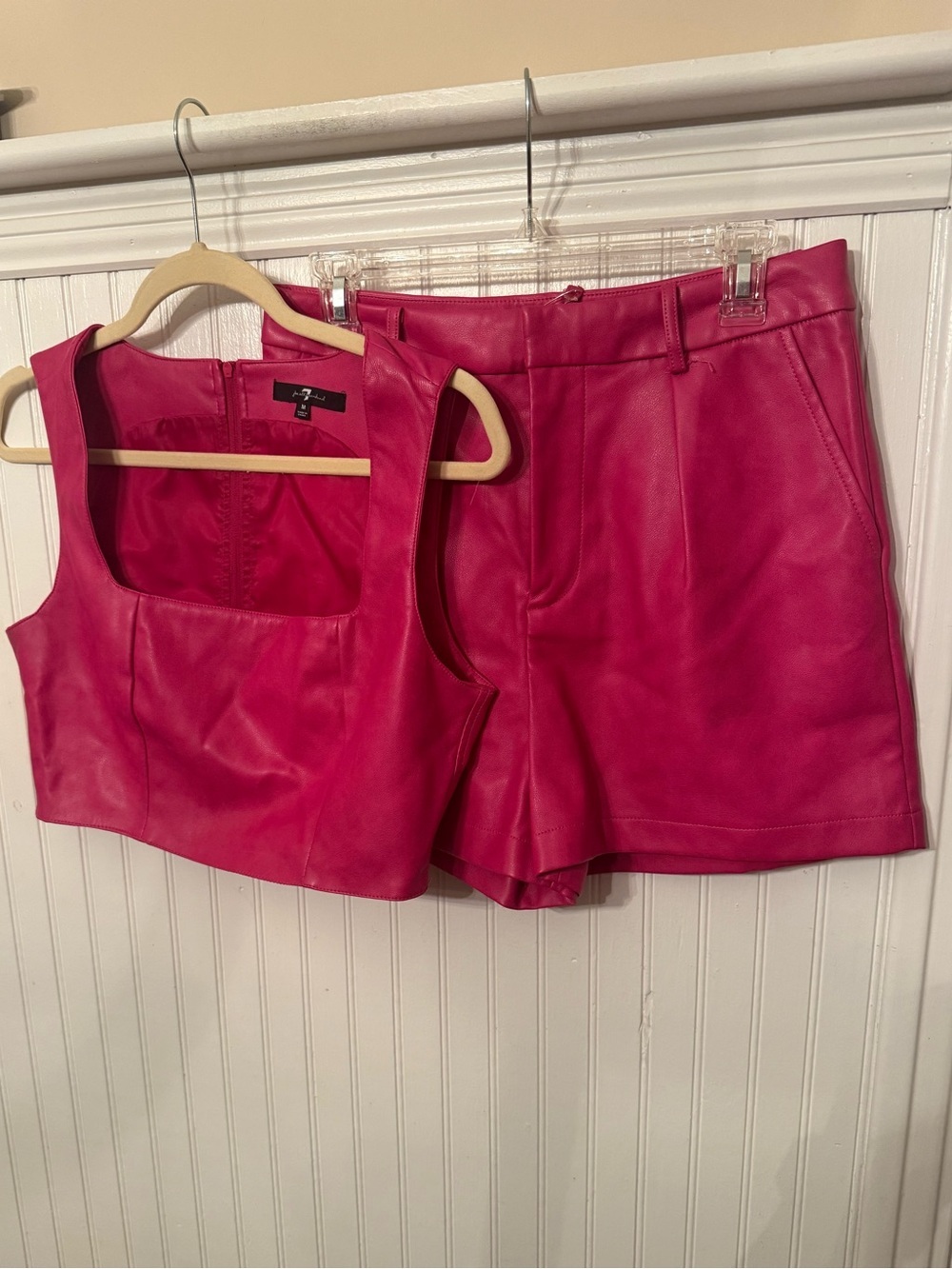 7 for All Mankind Pink Faux Leather Crop Top and Shorts Set medium Hot Pink